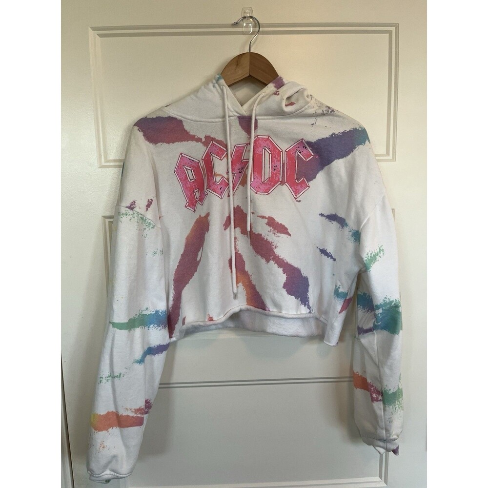 AC/DC Cropped Hoodie Sweatshirt Tie Dye Splash Print White Multicolor XL